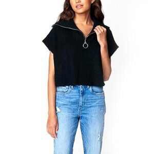 NWT [BLANKNYC] womens Luxury Clothing Half Zip Sleeveless Crop Sweater, black, L